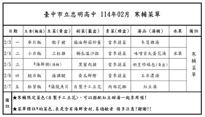 寒輔菜單